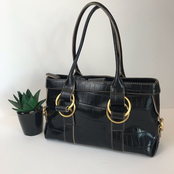 Maxx New York Handbags - Maxx New York Double Ring Faux Croc Black Bag